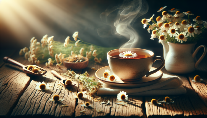 Herbs for Novice Healers: A cup of steaming chamomile tea on a wooden table with dried flowers, in soft light.