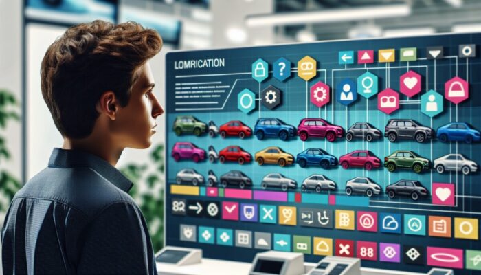 Young adult at car rental counter, viewing age restrictions and vehicle categories sign, cars in background.