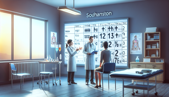 A medical chart showing thyroid test results discussed by a doctor and patient in a Southampton clinic.