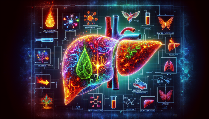 A detailed illustration of a human liver showing its functions like detoxification, metabolism, and bile production in vibrant colors.
