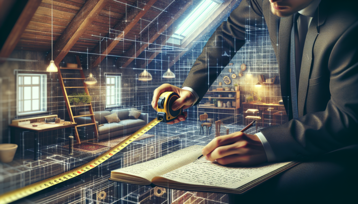 Person measuring UK loft dimensions with tape measure, noting in notebook, visualising furniture and storage.
