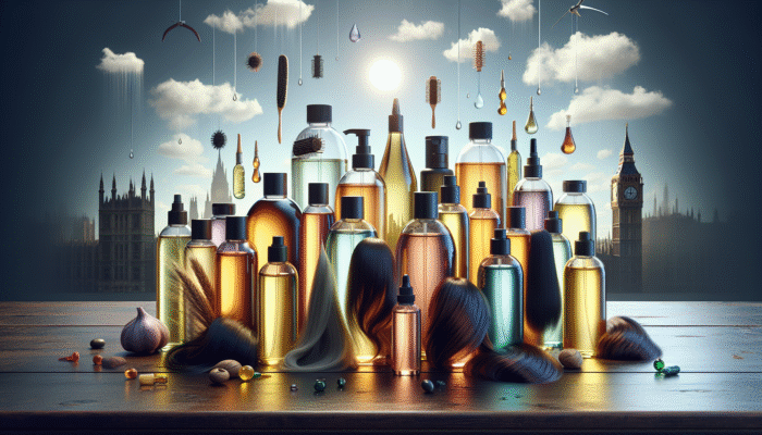 Bottles of diverse hair oils on a wooden table, labelled with benefits, designed for various hair types, set against a UK weather backdrop.
