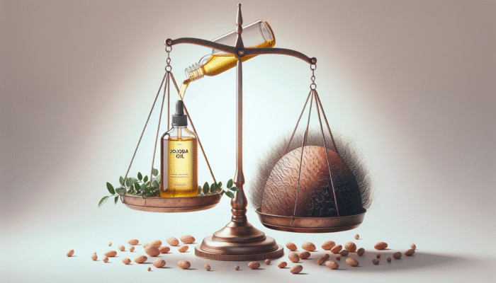 Jojoba oil balancing scalp and hair oils, accompanied by tea tree leaves, promoting a healthy, dandruff-free scalp.