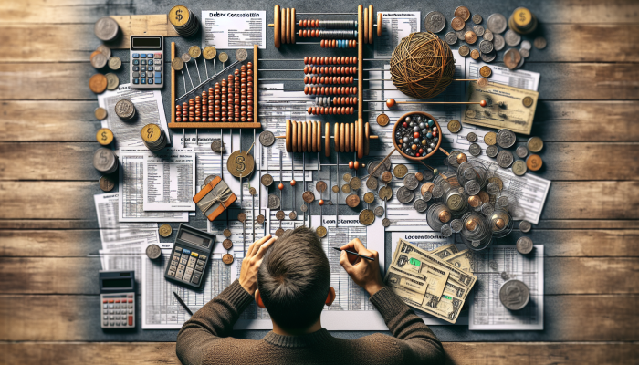How Much Debt Do You Need to Consolidate: A UK Guide | DCL An individual meticulously compiling a comprehensive list of debts on a cluttered desk, surrounded by financial documents and a calculator.