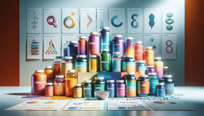 Selection of specialty supplement bottles featuring probiotics, omega-3, and protein powders on a health-focused backdrop.