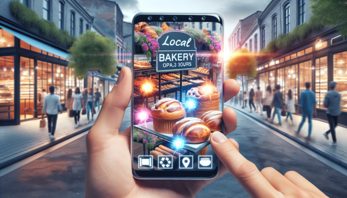 A local bakery's Google My Business profile on a smartphone, showcasing delicious pastries, operating hours, and reviews along a busy street.