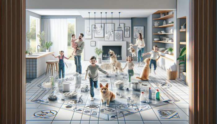 Eco-Friendly Tile Cleaning Products: Children and pets enjoying a safe environment on eco-friendly cleaned tiles with natural cleaning ingredients nearby.