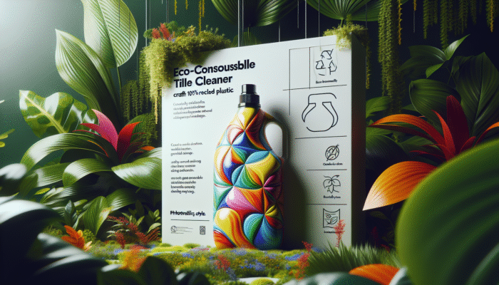 Stylish eco-friendly tile cleaner bottle with plant-based ingredients in recycled plastic packaging, surrounded by lush greenery.