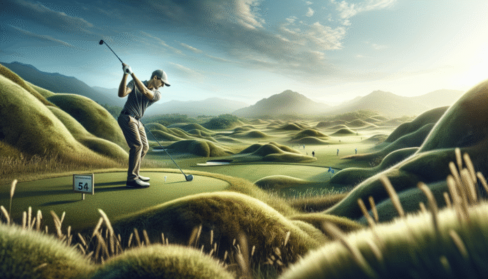 Golfer teeing off at Gary Player Country Club, Sun City, with picturesque vistas.