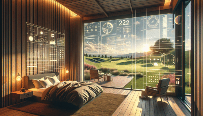Cozy golf resort room featuring plush bedding and a view of lush green fairways.