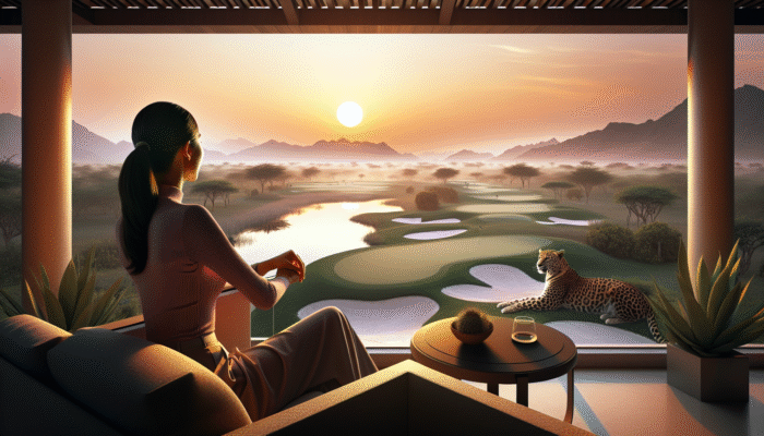 Golfer enjoying a sundowner on a patio overlooking a lush golf course and wildlife at sunset.