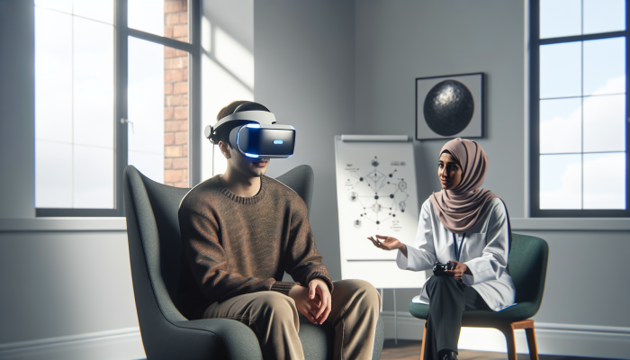 Individual using VR headset in a UK clinic, effectively managing anxiety under therapist's supervision.