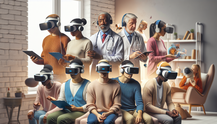Diverse UK group experiencing VR therapy in both urban and rural settings, supported by mental health professionals.