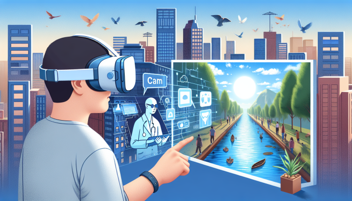 Individual using VR headset to confront anxiety in a virtual bustling city, guided by a therapist.