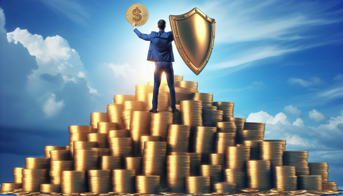Techniques to Avoid New Debt After Consolidation: A Guide | DCL An individual on a mountain of gold coins, symbolising financial security, with a shield representing an emergency fund.