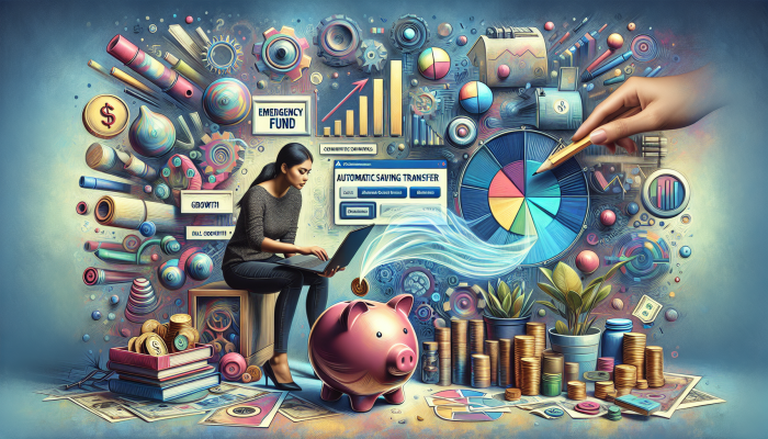 Techniques to Avoid New Debt After Consolidation: A Guide | DCL An individual using a laptop to set up automatic savings transfer, with growth charts and an 'Emergency Fund' piggy bank.