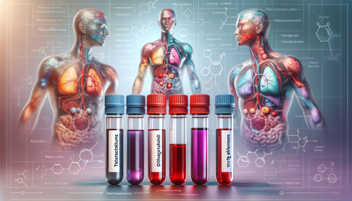 Illustration of male hormone blood test vials labelled testosterone, oestrogen, thyroid, with male anatomy diagrams.