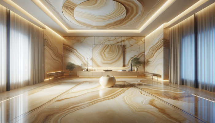 Stylish travertine tiles in soft cream to rich golden beige tones and unique vein patterns in a sophisticated interior.