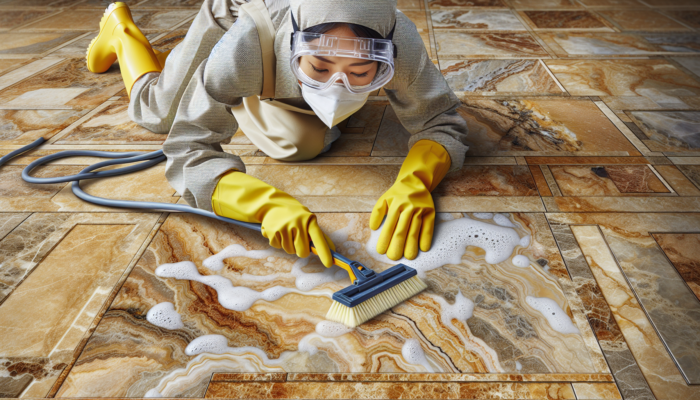 A close-up of well-maintained travertine tiles with a person using cleaning tools, highlighting regular care.