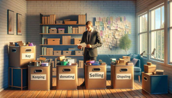 Sheffield House Clearance: Budget Ideas: Person sorting household items into labelled boxes in a bright, organized living room, using a checklist.
