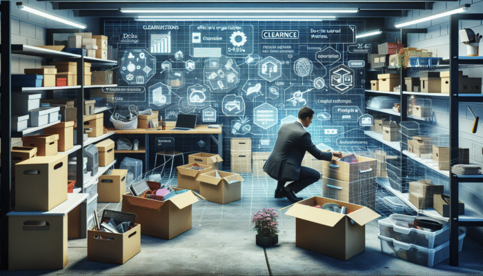A person organizing a cluttered garage with labelled bins, boxes, and organized shelves, demonstrating DIY clearance strategies.