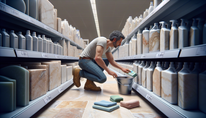 Individual selecting pH-neutral cleaner, soft cloths, and bucket in UK supermarket aisle, with travertine tiles in background.