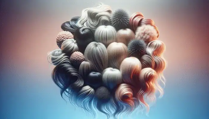 Diverse hair textures on a gradient background showcasing the effects of hormonal changes, with an ethereal glow.