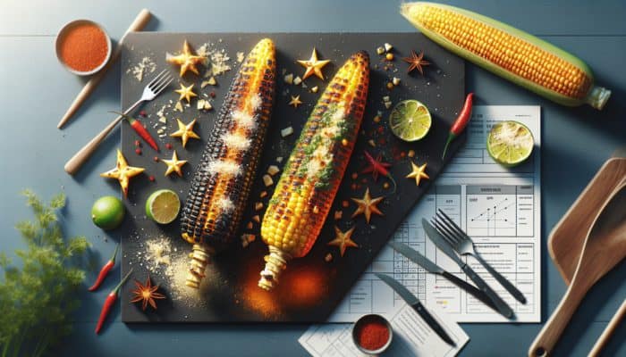 Grilled corn drizzled with truffle oil and parmesan, alongside chili lime with cotija cheese at a summer BBQ.