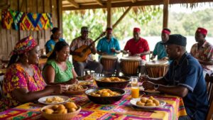A group of individuals seated at a table filled with various Garifuna dishes and beverages, while musicians in vibrant clothing play drums and guitars. The scene vividly captures the lively essence of Garifuna culture in an outdoor setting adorned with colourful tablecloths.