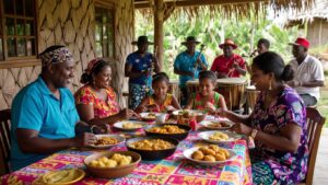 A family gathers around a colourful table outdoors in Belize, enjoying Garifuna food together. In the background, musicians play drums and other instruments beneath a thatched roof, reflecting the vibrant Garifuna culture. Everyone appears relaxed and content.