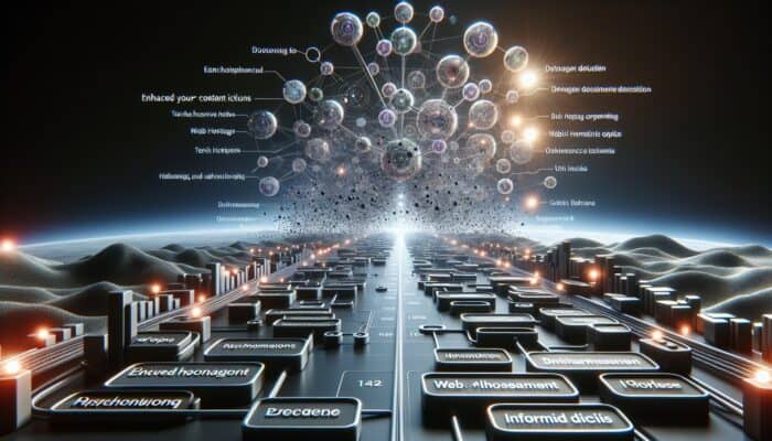A digital landscape illustrating interconnected nodes representing a content cluster, guiding users through web hosting choices and technical insights.