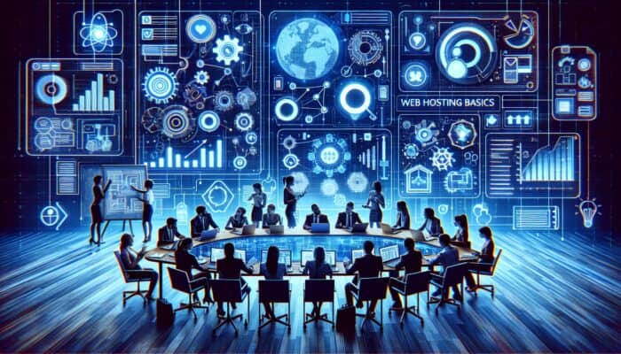 A digital workspace showcasing screens displaying keyword research tools and charts, as a team brainstorms content cluster topics.