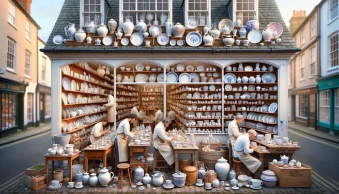 A welcoming East Calder porcelain repair workshop with artisans diligently restoring ceramics, providing personal consultations.