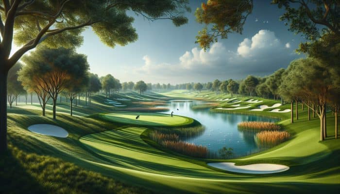 Scenic golf course at Reading Golf Club featuring signature holes, a challenging par 3 over water, and lush greens framed by autumn foliage.