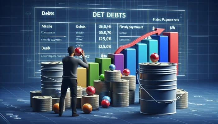 Individual using a personal loan to consolidate debts, depicted with a clear payment plan and lender comparison chart.