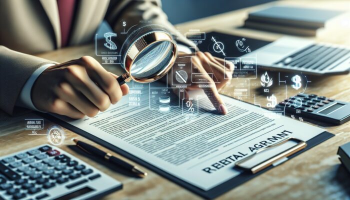 Person using a magnifying glass to review rental agreement, focusing on fees and charges, with calculator and pen.