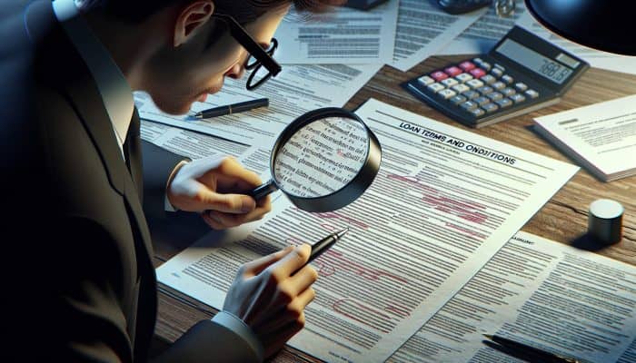 How to Avoid Scams as a Debt Consolidation Beginner: Essential Tips | DCL A person using a magnifying glass to scrutinise a Loan Terms and Conditions document, with a calculator and pen on their desk.