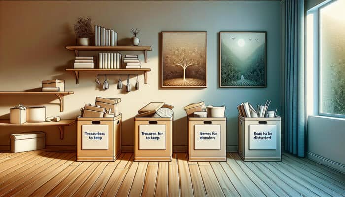 Advanced Organisation Hacks for Clearance: A serene room with minimalist decor and three labeled boxes: 'Keep', 'Donate', 'Discard', symbolising decluttering.