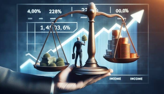 Challenges of Debt Consolidation with Bad Credit: A Guide | DCL Individual balancing a scale with bills and income, representing a low debt-to-income ratio, alongside rising credit score graphs.
