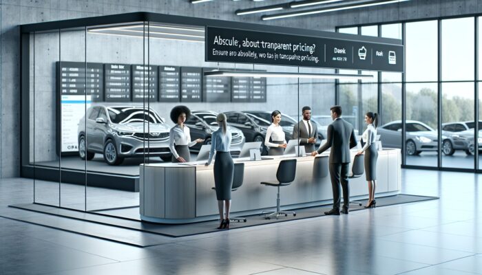 A modern car rental office featuring transparent pricing, diverse vehicles, and friendly staff at a service desk.