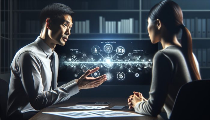 Financial advisor discussing effective debt consolidation strategies with a client using digital charts in a modern office.