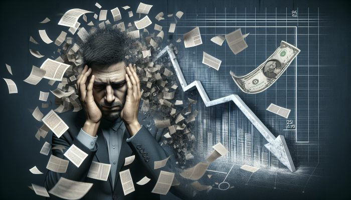 A person overwhelmed by increasing debt, surrounded by financial documents, with a damaged credit score graph in the background.