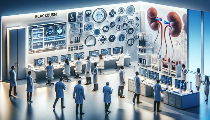 Modern laboratory in Blackburn featuring advanced technology for precise, less invasive kidney blood tests, focusing on biomarker research.