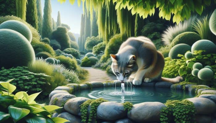 Hydration Monitoring for Elderly Cats: An elderly cat drinking from a fountain amidst greenery, symbolising hydration's importance for ageing felines' health.