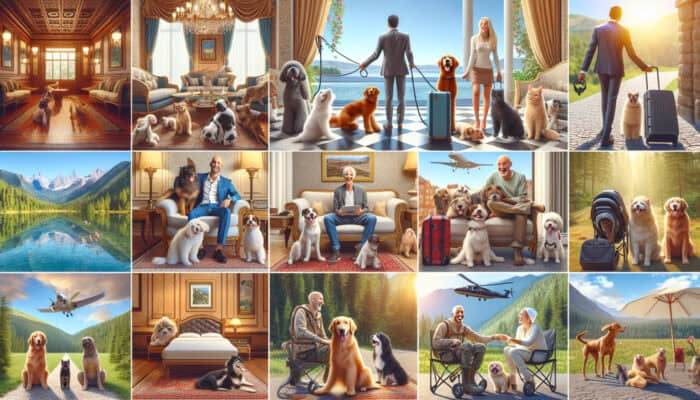 Diverse options for pet-friendly accommodations including luxurious hotels, charming vacation rentals, and scenic campgrounds showcasing happy pets and their owners.