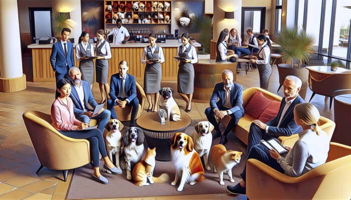 A cosy hotel lobby with pets and staff offering pet-friendly amenities and advice.