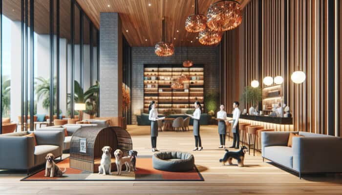 A welcoming hotel lobby featuring a pet-friendly area, including a pet spa and dog beds, with staff engaging with guests and their pets.