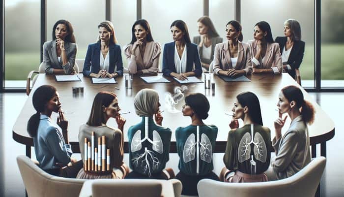 Female experts discussing smoking cessation in a modern, well-lit conference room with visual aids.