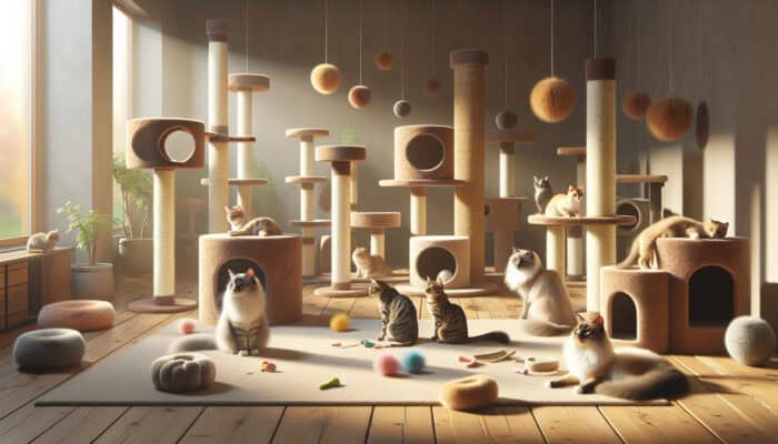 A tranquil room featuring cat towers, scratching posts, and toys where multiple cats coexist and play peacefully.