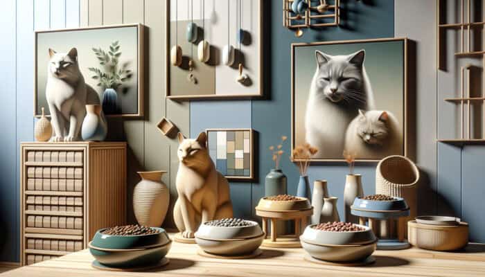 Comfortable home featuring multiple distinct cat feeding stations, each with unique bowls, promoting peace among cats.